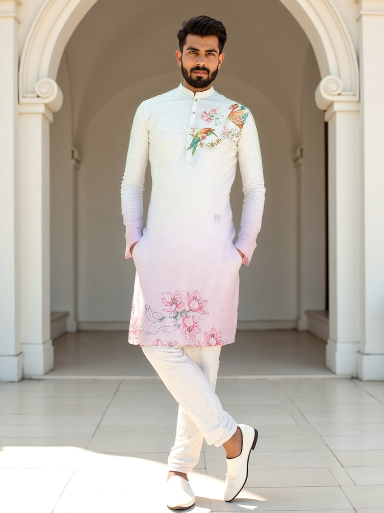 White Ombre Printed Cotton Kurta Pajama
