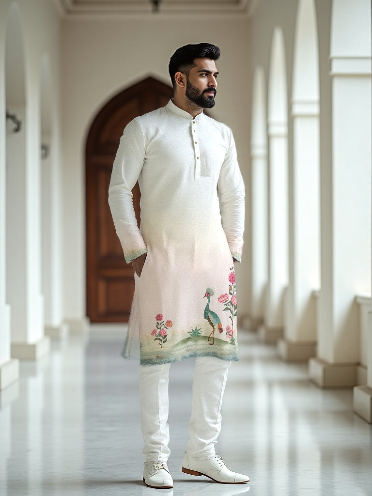 White and Cream Peacock with Floral Printed Cotton Kurta Set