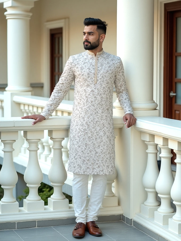 Cream Elegance Floral Chikankari work Lucknowi Kurta Pajama
