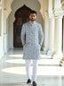 Navy Blue Floral with Birds Printed Cotton Kurta