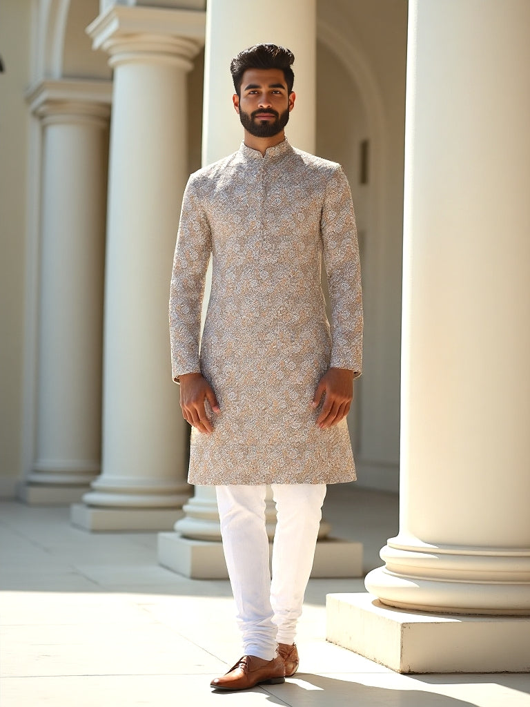 Floral Printed Grey Regular Fit Cotton Kurta