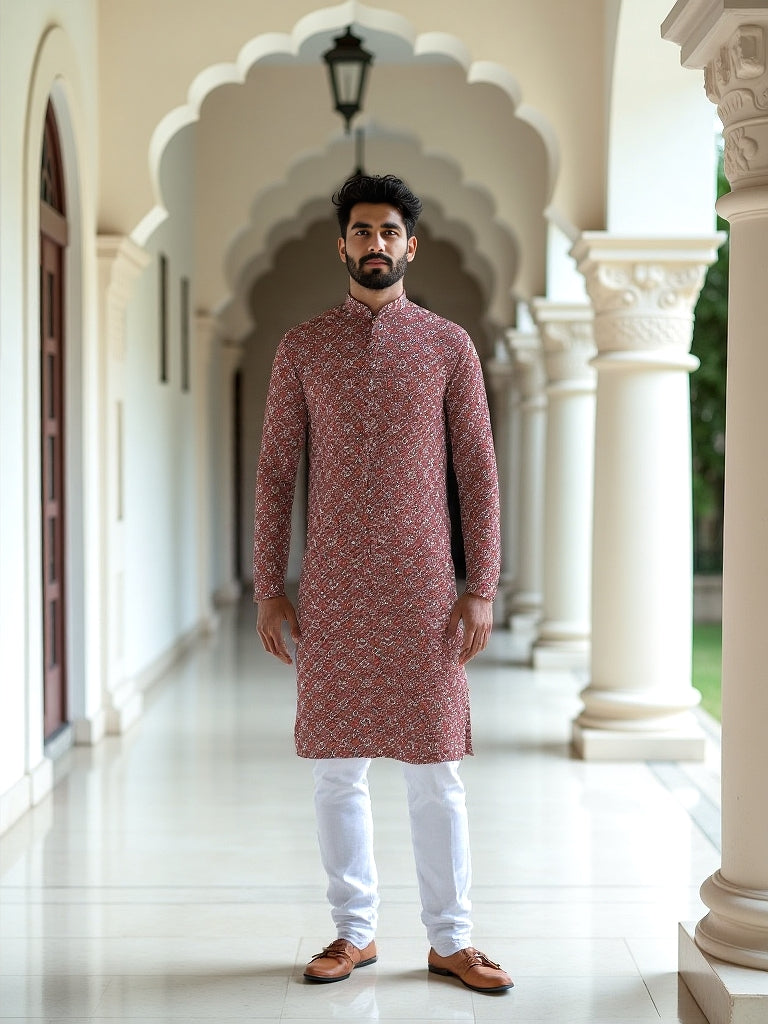 Rust Red Floral Printed Cotton Kurta