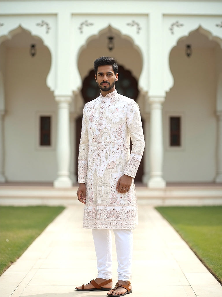 Cream Multi Embroidery Cutdana work Birds and Animal Patterned Georgette Sherwani