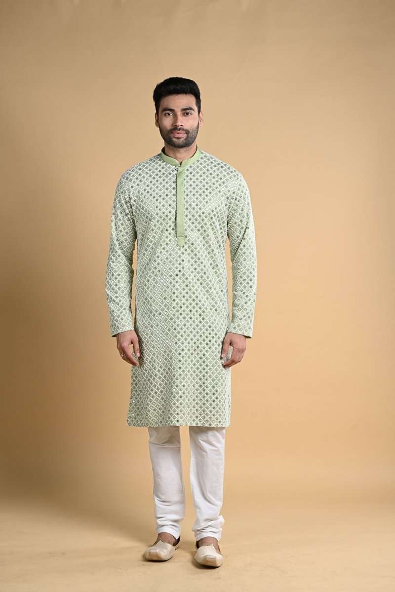 Pista Green Chicken Work Kurtha Pajama