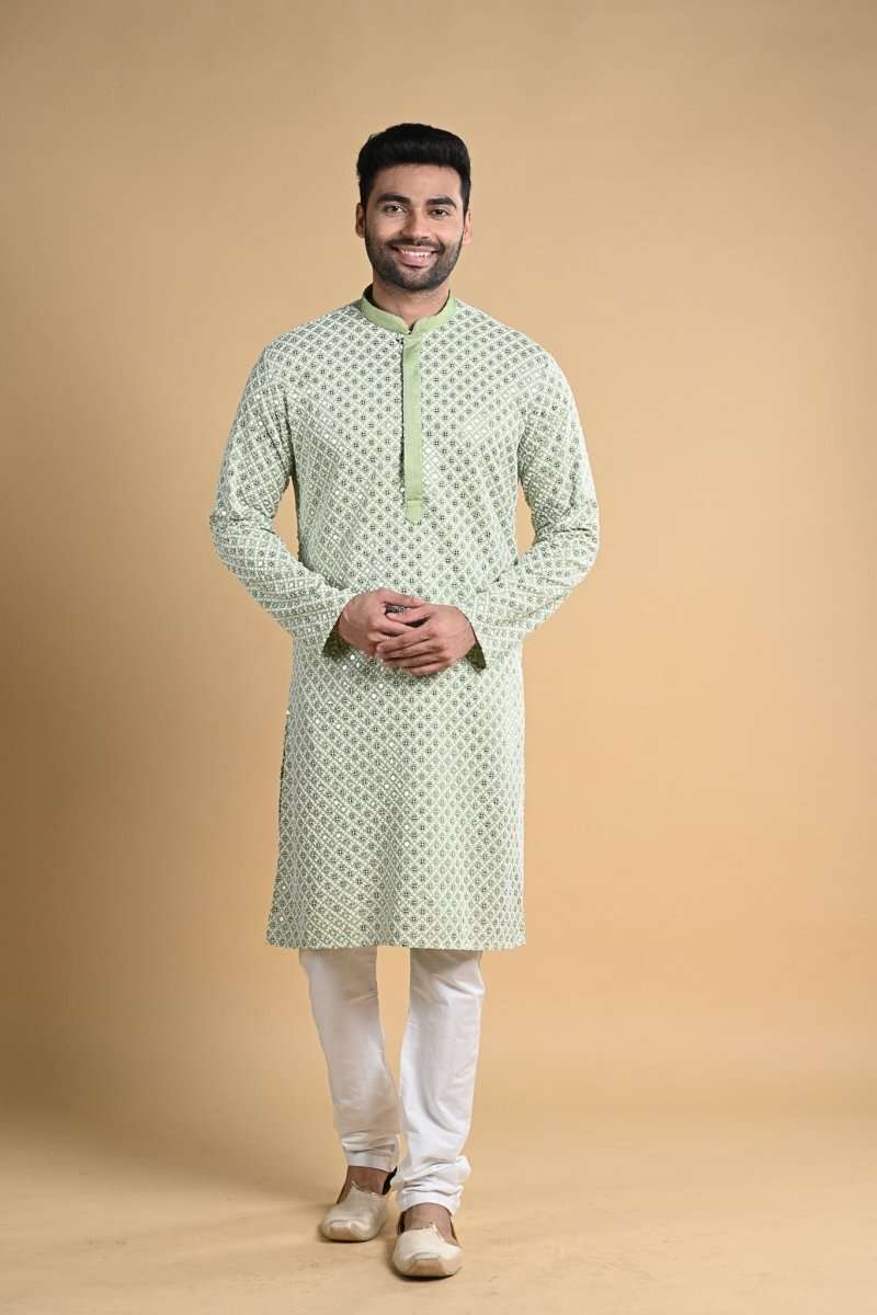 Pista Green Chicken Work Kurtha Pajama