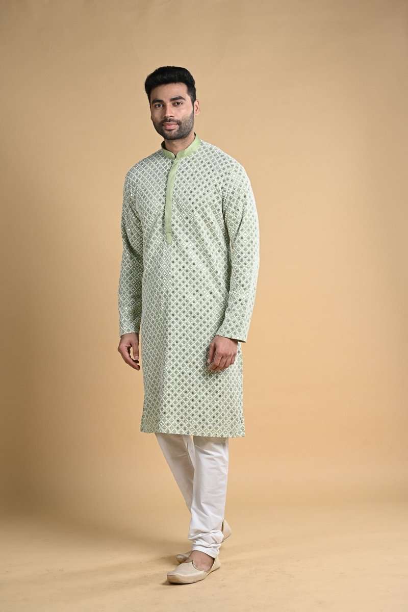 Pista Green Chicken Work Kurtha Pajama