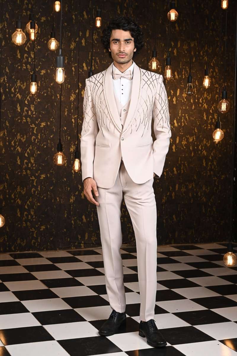 Cream Self Design Silver Cutdana Tuxido Suit