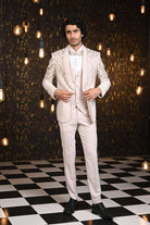 Cream Self Design Silver Cutdana Tuxido Suit