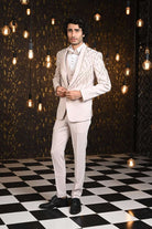 Cream Self Design Silver Cutdana Tuxido Suit