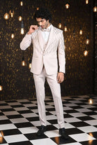 Cream Self Design Silver Cutdana Tuxido Suit