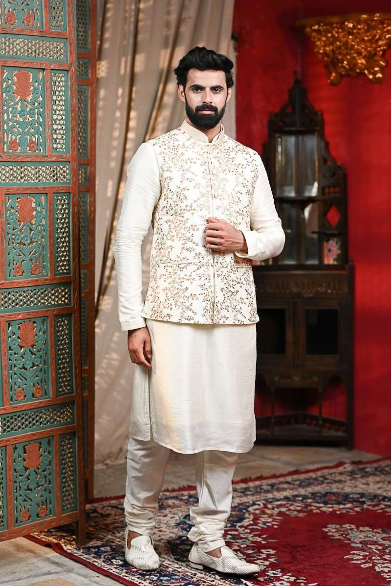 Cream Thread Work Kurtha Jacket Set