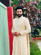 Cream Stunning Embroidery Sherwani For Wedding