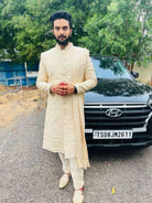 Cream Stunning Embroidery Sherwani For Wedding