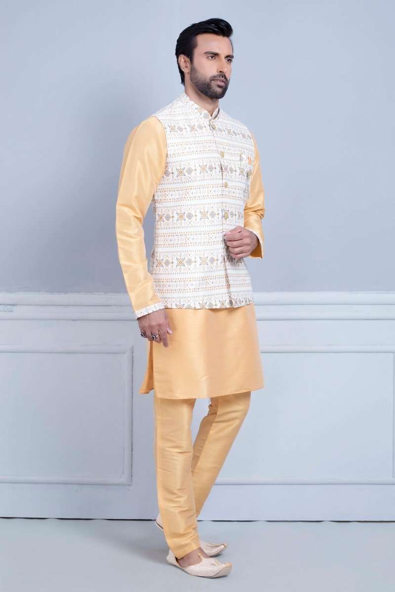 Self Brocade With Printed Soft Silk Kurta Jacket Set