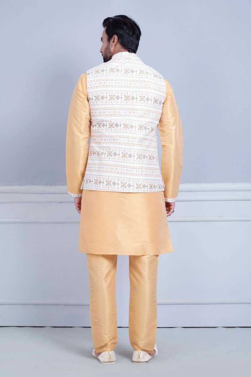 Self Brocade With Printed Soft Silk Kurta Jacket Set