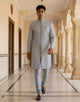 Grey Brocade Thread work Cotton Silk Indo-Open Jacket Set