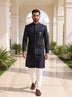 Men's Navy Blue Self Patterned Jacquard Semi Indo