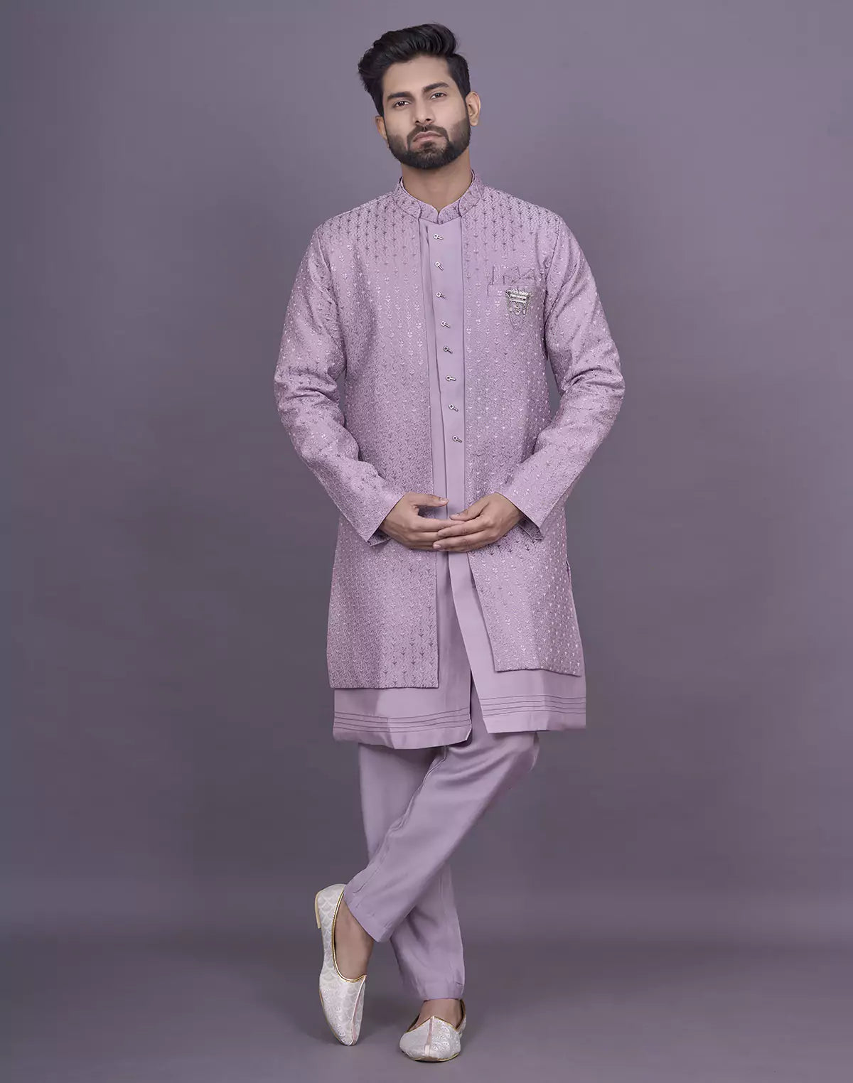 All Over Self Thread Embroidery work Soft Silk Kurta Jacket Set