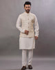 Geometric Thread Embroidery Milky Silk Kurta Jacket Set in Cream
