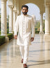 Men Kurta Set White Thread Embroidered Jacket