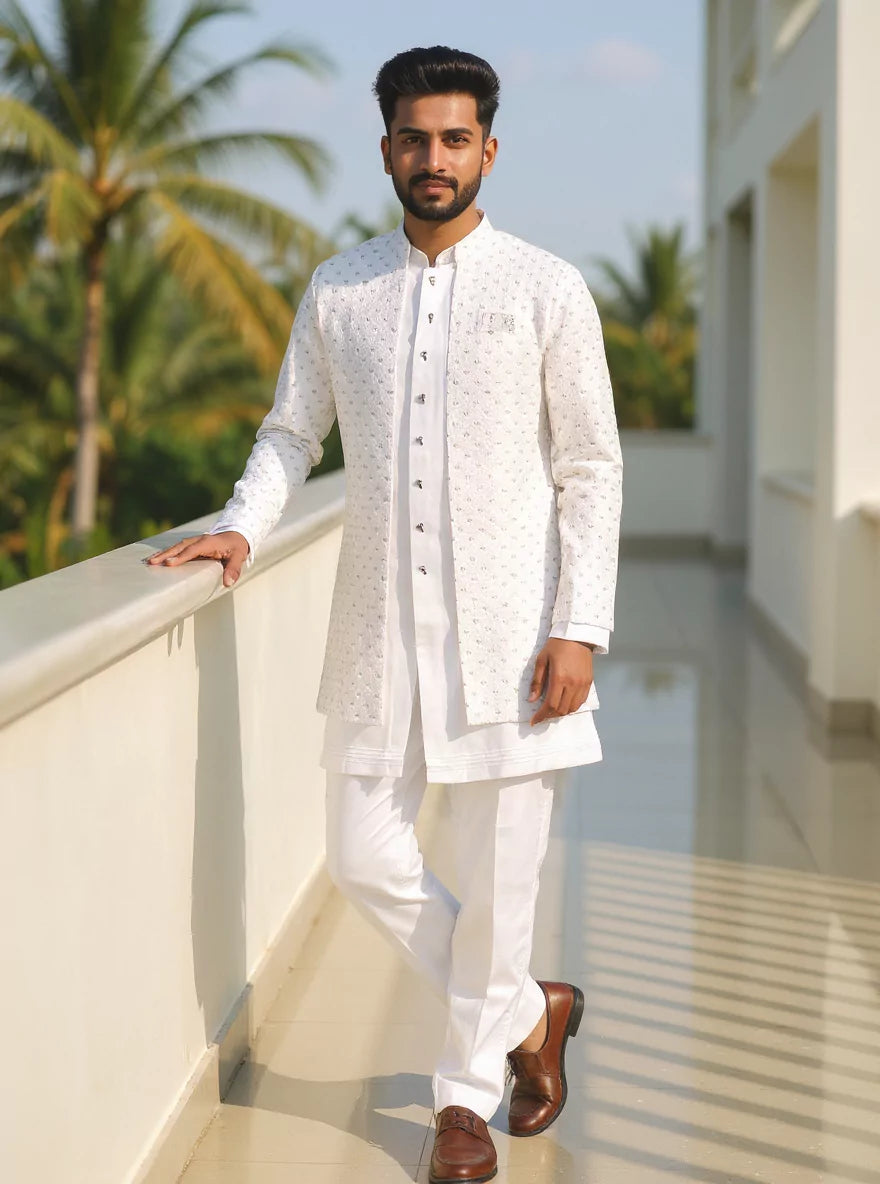 Men Kurta Set White Thread Embroidered Jacket – De Royal Mens Ethnic