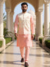 Floral Embroidered Jacquard Kurta Jacket Set in Peach