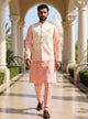 Floral Embroidered Jacquard Kurta Jacket Set in Peach