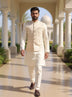 Cream Self Bel Buti Patterned Satin Kurta Jacket Set