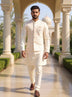 Cream Jacquard Multi Thread Embroidery Kurta Jacket Set