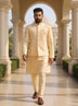 Self Patterned Jacquard Kurta Jacket Set in Fawn