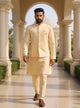 Self Patterned Jacquard Kurta Jacket Set in Fawn