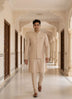 Gold Floral Thread Embroidery work Milky Silk Kurta Jacket Set
