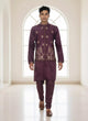Purple Floral Bunches Embroidery work Satin Kurta Jacket Set