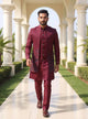 Wine Self Stripes Patterned Raw Silk Thread work Kurta Jacket Set