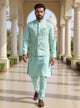 Embroidered Satin Kurta Jacket Set in Sky