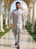 Thread work Floral Cotton Silk Kurta Jacket Set in Grey