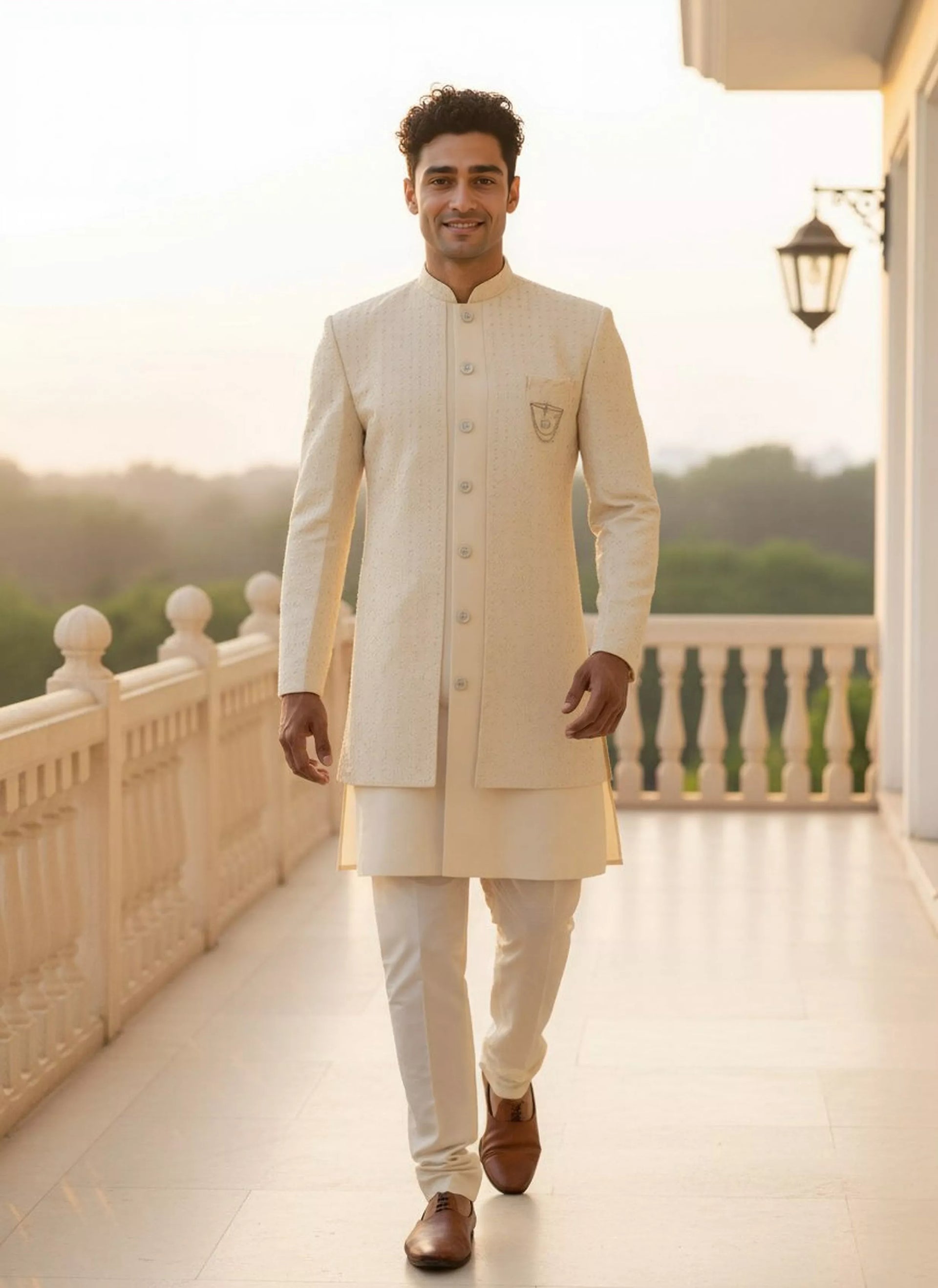 Thread work Floral Georgette Kurta Jacket Set S/36 Cream