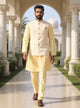 Cream Weaving with Zari Jacquard Kurta Jacket Set in Slef Patterned
