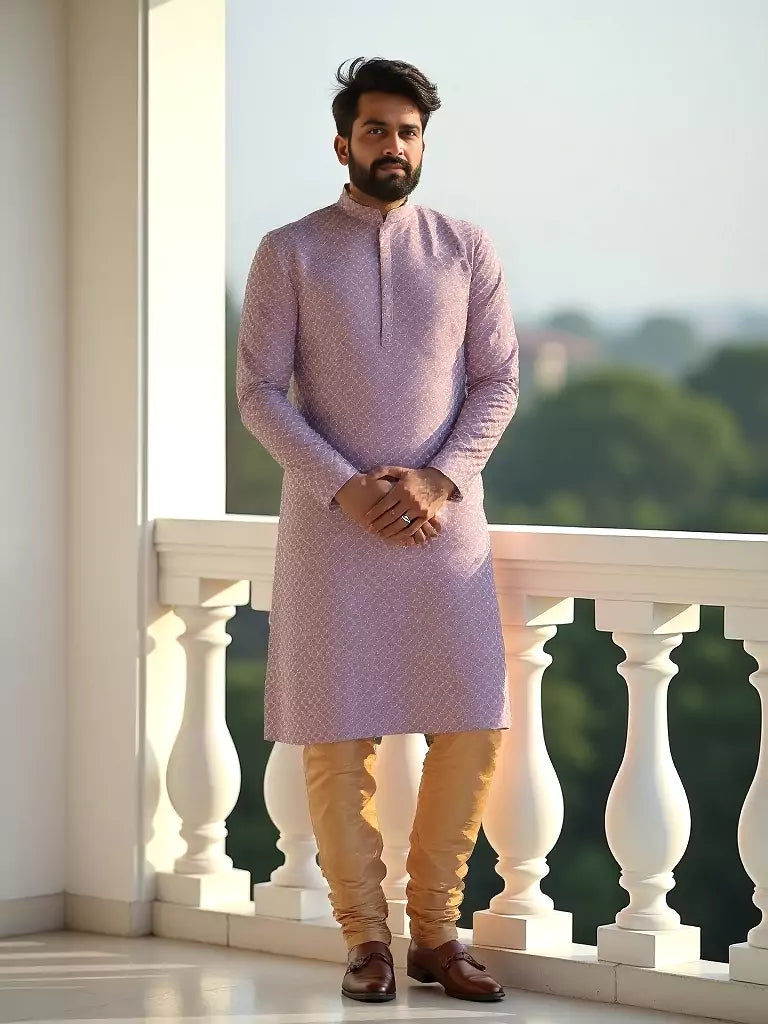 Onion Colour Self Brocade Thread work Jacquard Kurta Set