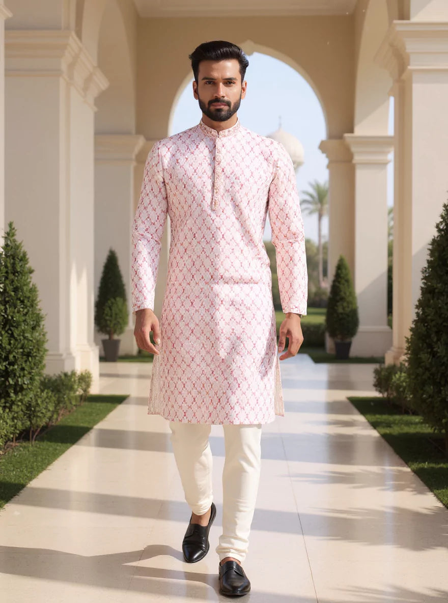 All Over Geometric Thread work Milky Silk Pink Kurta Pyjama