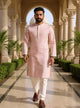 Dusty Light Pink Thread work Cotton Silk Kurta Pyjama Set in Floral