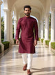 Royal Maroon Embellished work Self Design Cotton Silk Kurta Pyjama Set