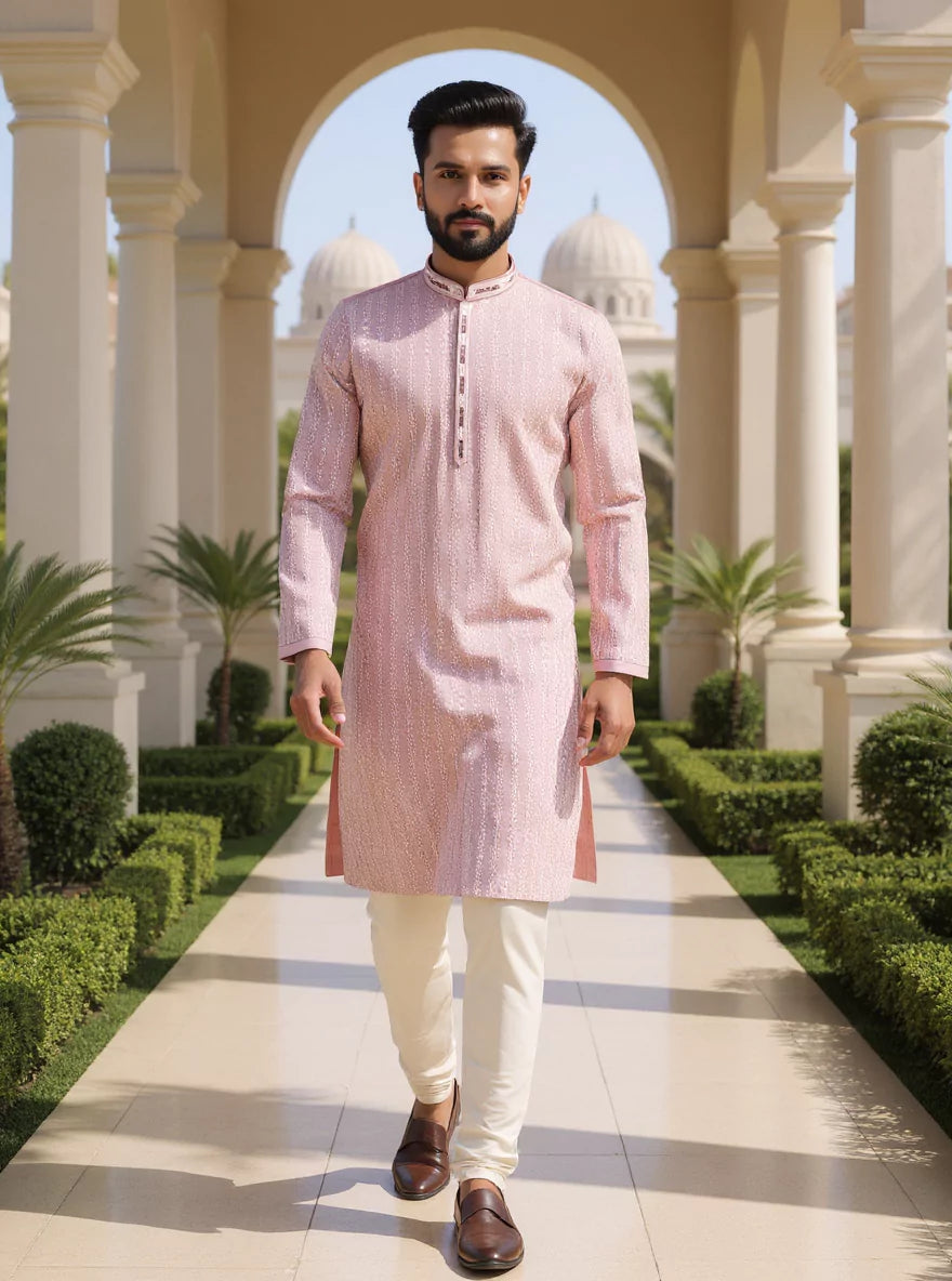 All Over Floral Embroidery work Raw Silk Onion Coloured Kurta Pyjama Set