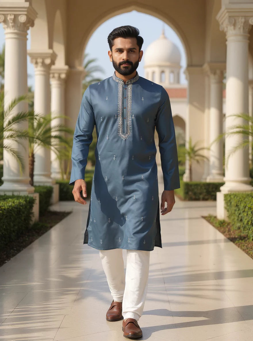 Dusty Grey Floral Stones work Milky Silk Kurta Pyjama Set