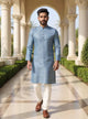 Grey Self Design Men's Cotton Kurta with Pyjama Set