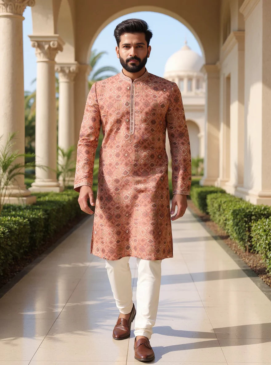 Ikat Print Onion Coloured Milky Silk Kurta Pyjama for Men