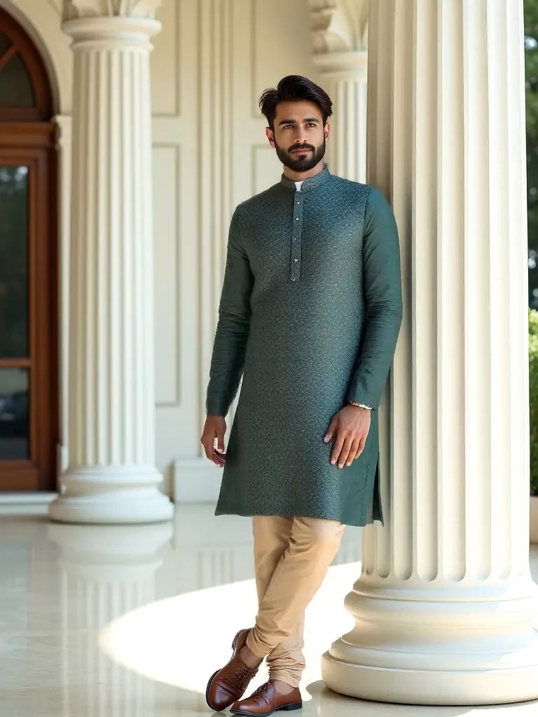 Dark Green Self Highlighted Jacquard Kurta Pyjama Set