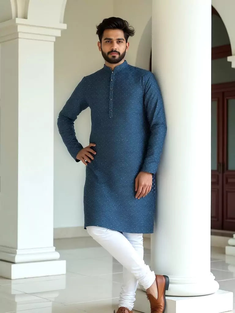 Elegant Blue Self Highlighted Jacquard Kurta Pyjama Set