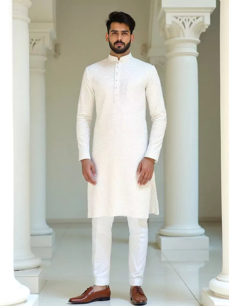 White Ethnic and Embroidered work Georgette Kurta Pyjama Set