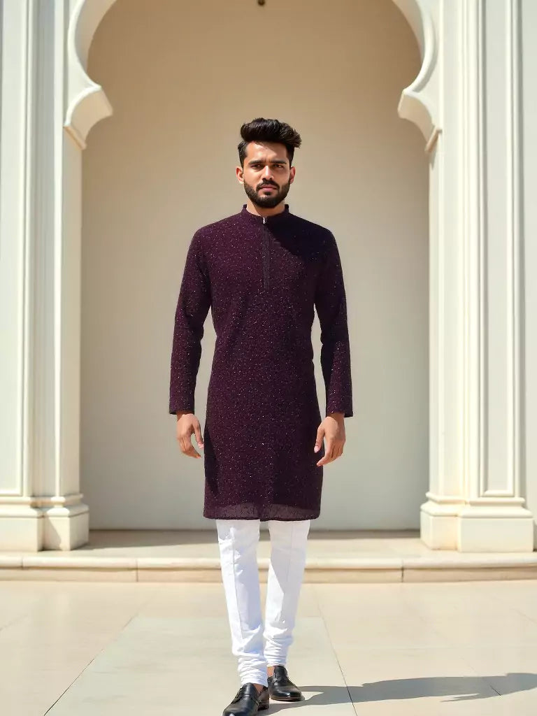 All Over Self Floral Thread Embellished work Georgette Wine Kurta Set